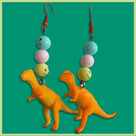 Orange Dinosaur Earrings with Smiley Beads - Picture 3 of 5